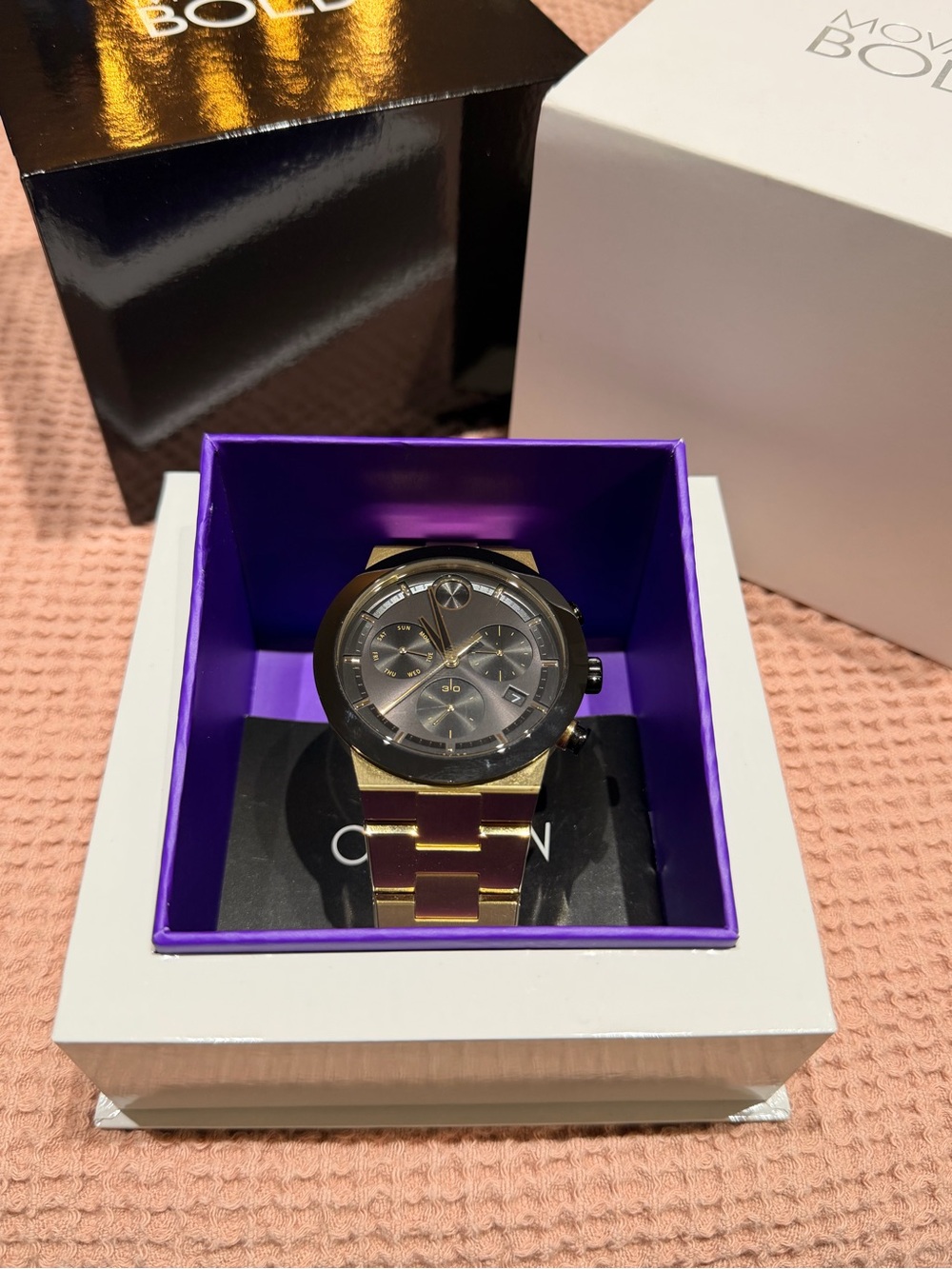Movado Men’s Gold and Black Chronograph Bracelet Watch